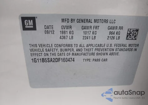 2013 Chevrolet Malibu 1Ls из США, поврежденный, VIN 1G11B5SA2DF160474